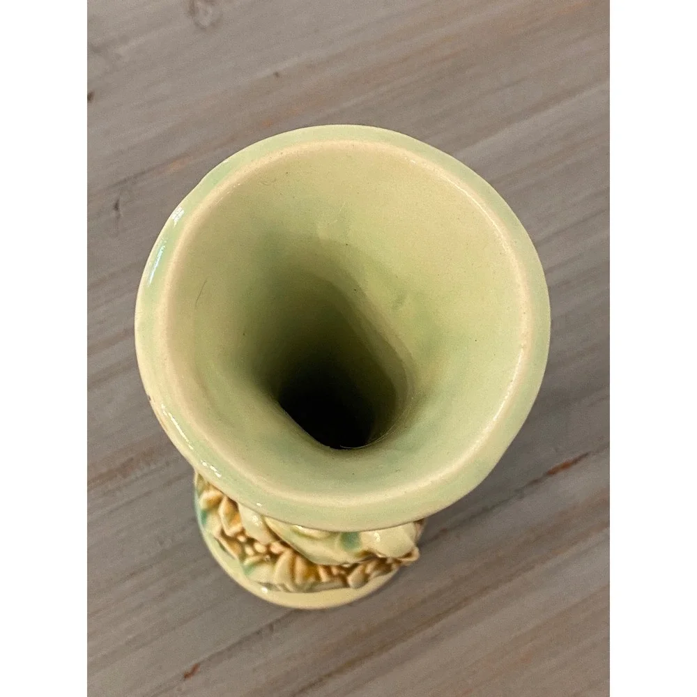 Vintage McCoy Bird and Nest Ceramic Bud Vase Celadon Green Brown Drip Glaze